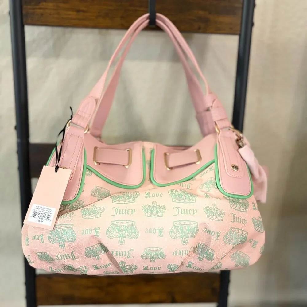 Juicy Couture Fan Club Crown Logo Satchel Pink & Green Shoulder Bag